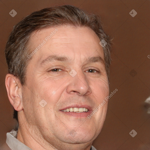 Joyful white middle-aged male with short  brown hair and brown eyes