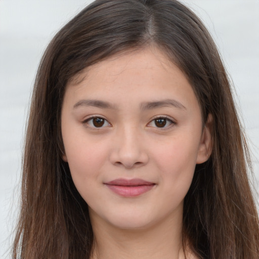Joyful white child female with long  brown hair and brown eyes