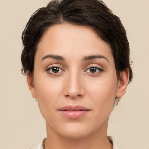 Neutral white young-adult female with short  brown hair and brown eyes