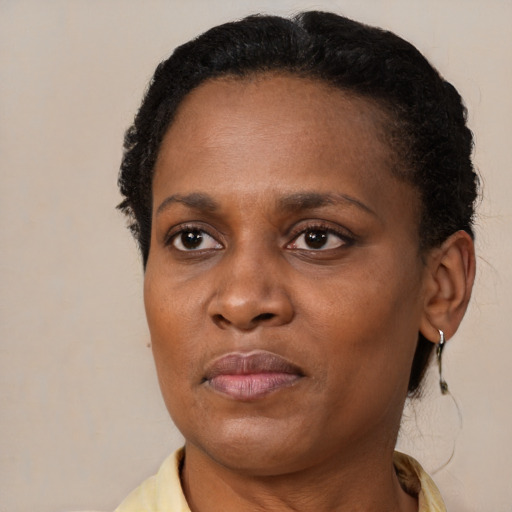 Joyful black adult female with short  brown hair and brown eyes