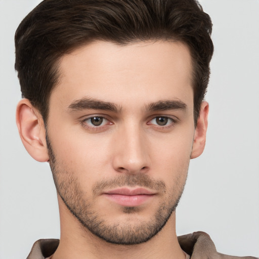 Neutral white young-adult male with short  brown hair and brown eyes