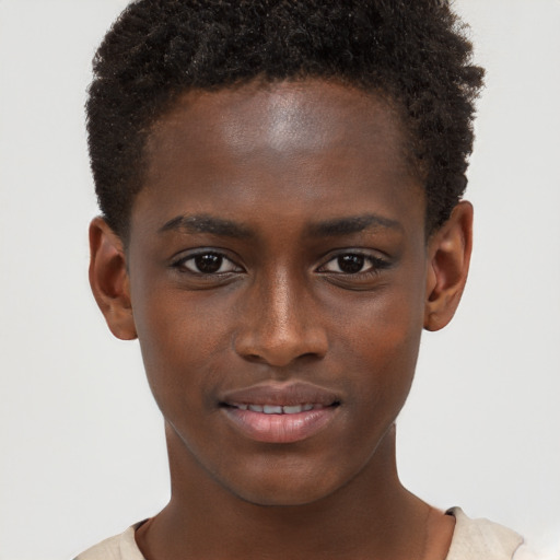 Joyful black young-adult male with short  brown hair and brown eyes