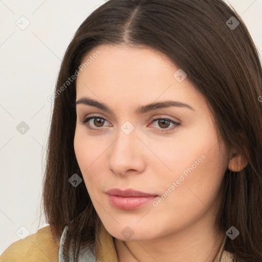 Neutral white young-adult female with long  brown hair and brown eyes