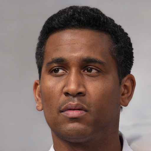 Neutral black young-adult male with short  black hair and brown eyes