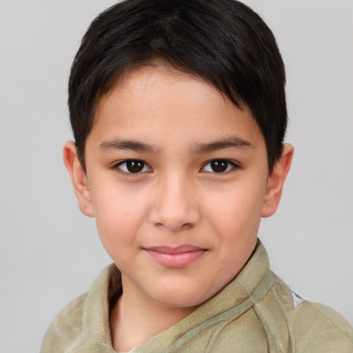 Joyful white child female with short  brown hair and brown eyes