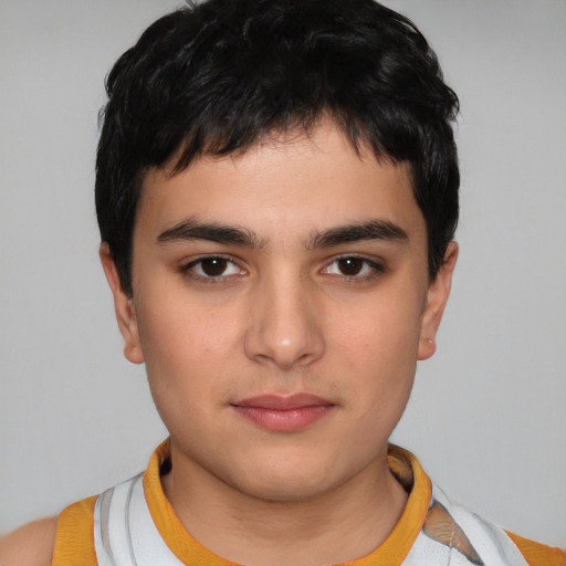 Neutral white young-adult male with short  black hair and brown eyes