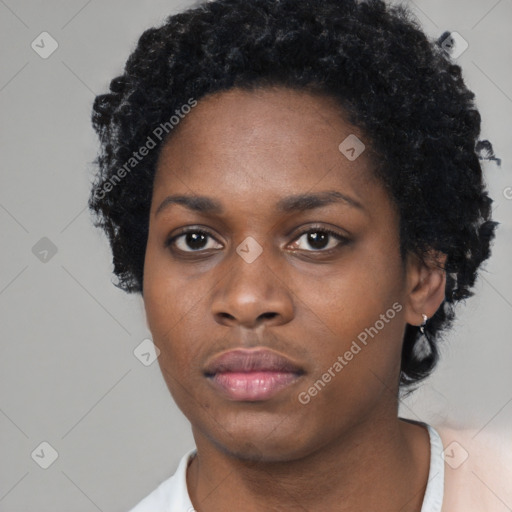 Neutral black young-adult female with short  black hair and brown eyes