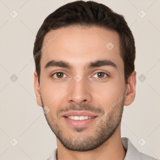 Joyful white young-adult male with short  brown hair and brown eyes