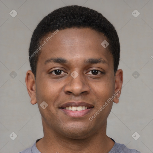 Joyful latino young-adult male with short  brown hair and brown eyes