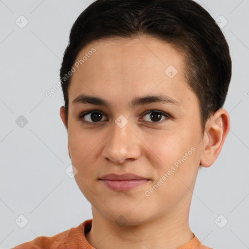 Joyful white young-adult female with short  brown hair and brown eyes