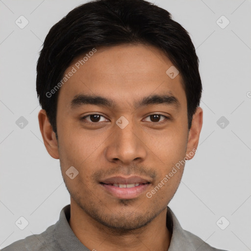 Neutral asian young-adult male with short  black hair and brown eyes