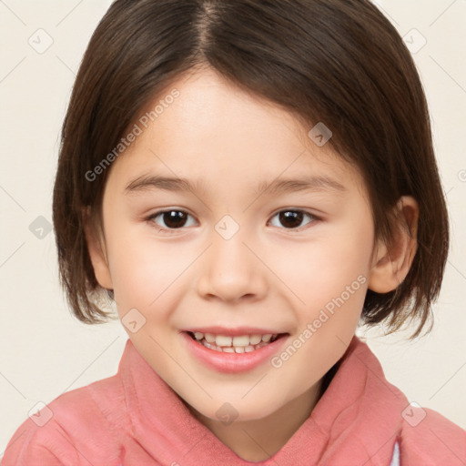 Joyful white child female with medium  brown hair and brown eyes