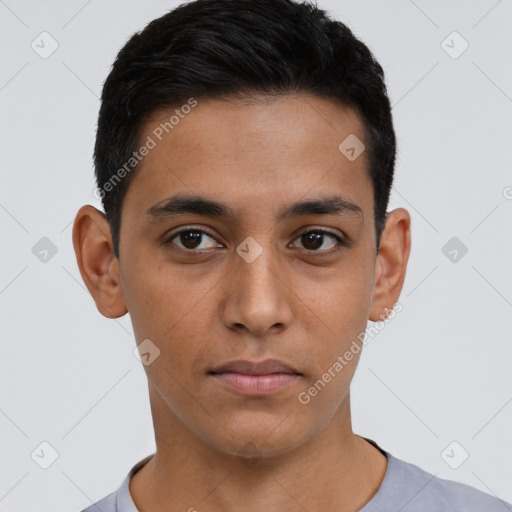 Neutral latino young-adult male with short  black hair and brown eyes