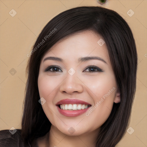 Joyful white young-adult female with long  black hair and brown eyes