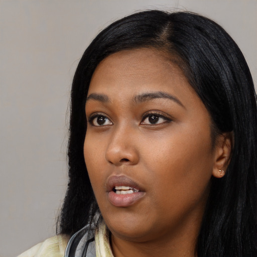 Neutral asian young-adult female with long  black hair and brown eyes