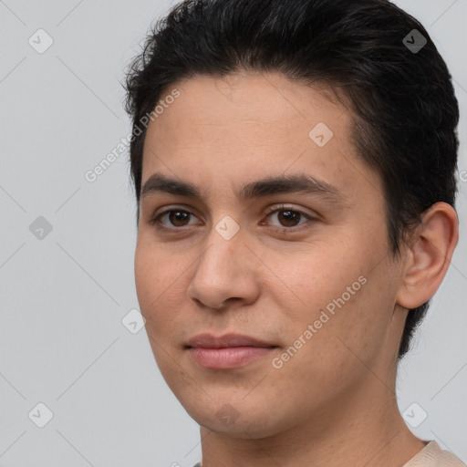 Joyful white young-adult male with short  brown hair and brown eyes