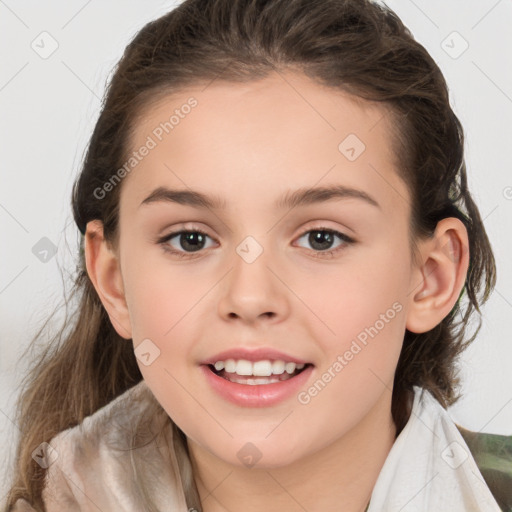 Joyful white child female with medium  brown hair and brown eyes