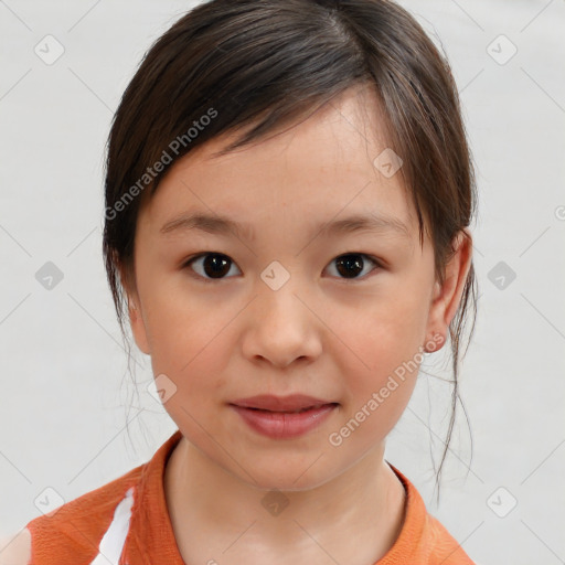 Joyful white child female with medium  brown hair and brown eyes