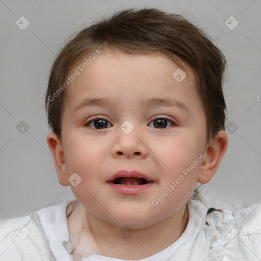 Joyful white child female with short  brown hair and brown eyes