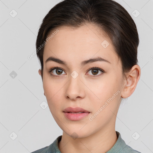 Neutral white young-adult female with short  brown hair and brown eyes