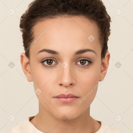 Neutral white young-adult female with short  brown hair and brown eyes