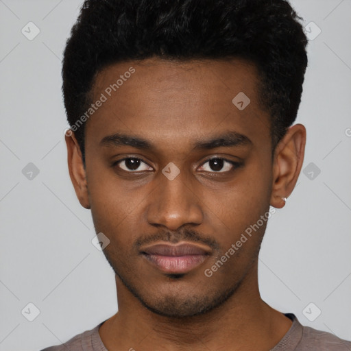 Neutral latino young-adult male with short  black hair and brown eyes