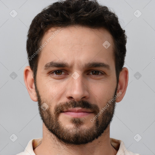 Neutral white young-adult male with short  brown hair and brown eyes