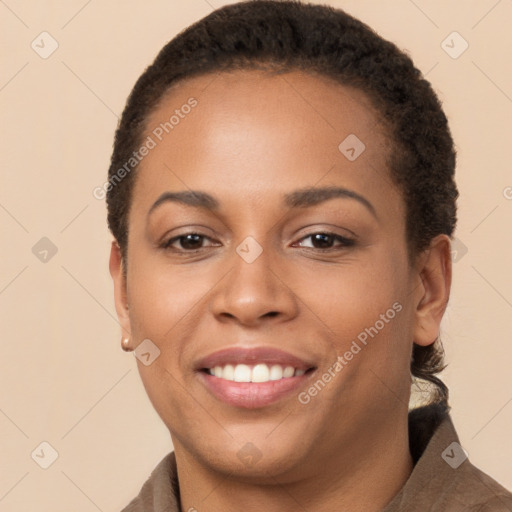 Joyful latino young-adult female with short  brown hair and brown eyes