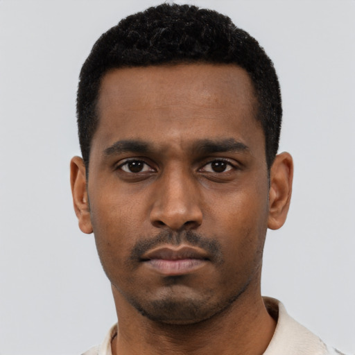 Neutral black young-adult male with short  black hair and brown eyes