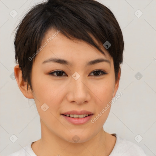 Joyful asian young-adult female with short  brown hair and brown eyes