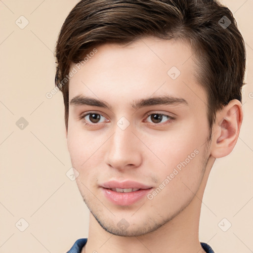 Neutral white young-adult male with short  brown hair and brown eyes