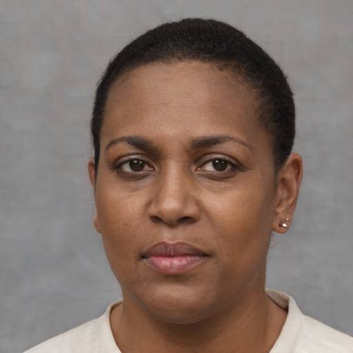 Neutral black young-adult female with short  brown hair and brown eyes