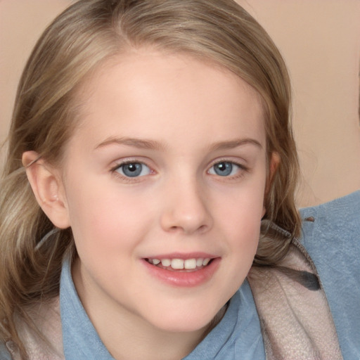 Joyful white child female with medium  brown hair and blue eyes