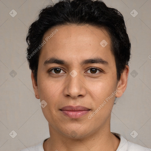 Joyful white young-adult male with short  black hair and brown eyes