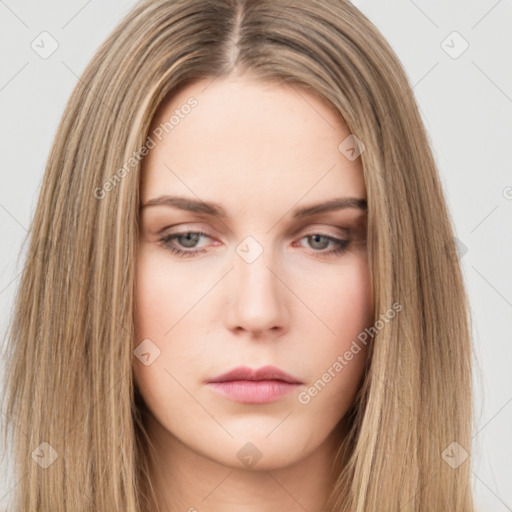 Neutral white young-adult female with long  brown hair and brown eyes