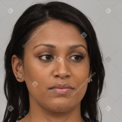 Joyful asian young-adult female with long  brown hair and brown eyes