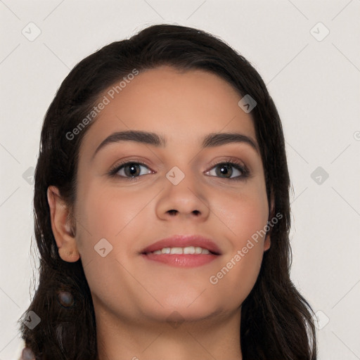 Joyful white young-adult female with long  black hair and brown eyes