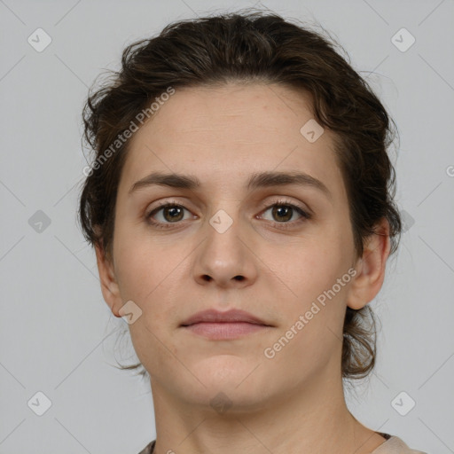 Neutral white young-adult female with medium  brown hair and brown eyes