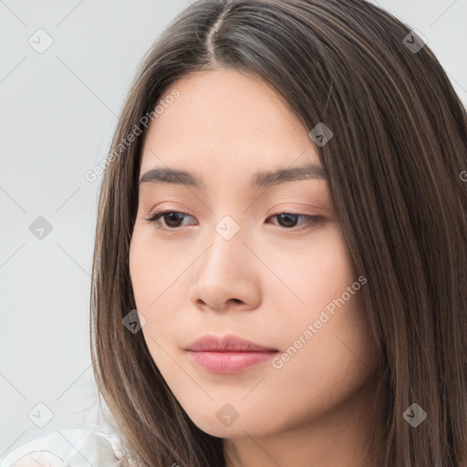 Neutral white young-adult female with long  brown hair and brown eyes