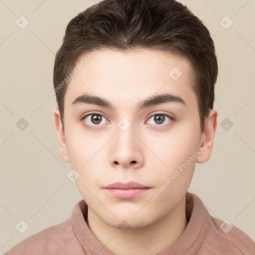 Neutral white young-adult male with short  brown hair and brown eyes