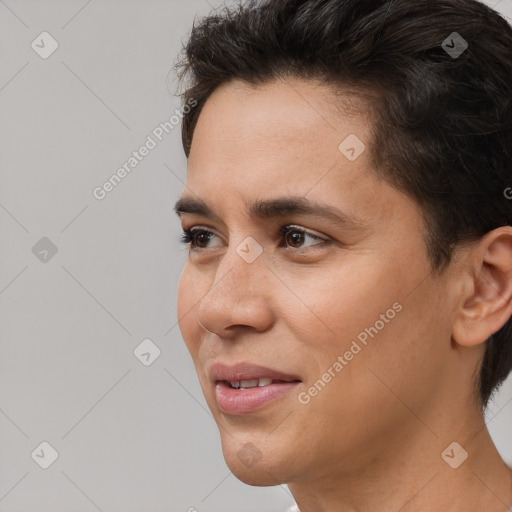 Joyful white young-adult female with short  brown hair and brown eyes