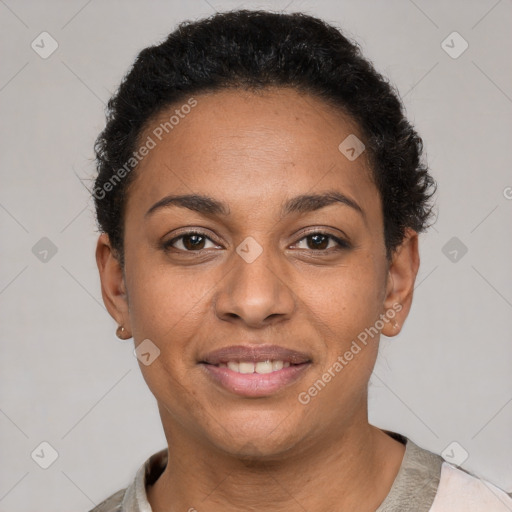 Joyful latino young-adult female with short  black hair and brown eyes