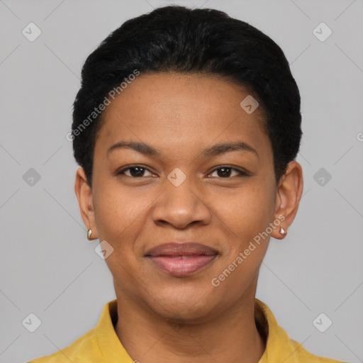 Joyful latino young-adult female with short  black hair and brown eyes