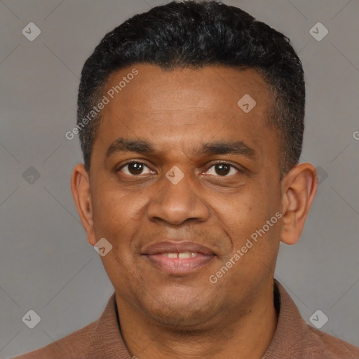Joyful black adult male with short  brown hair and brown eyes