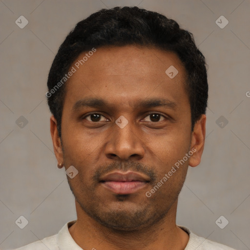 Neutral latino young-adult male with short  black hair and brown eyes