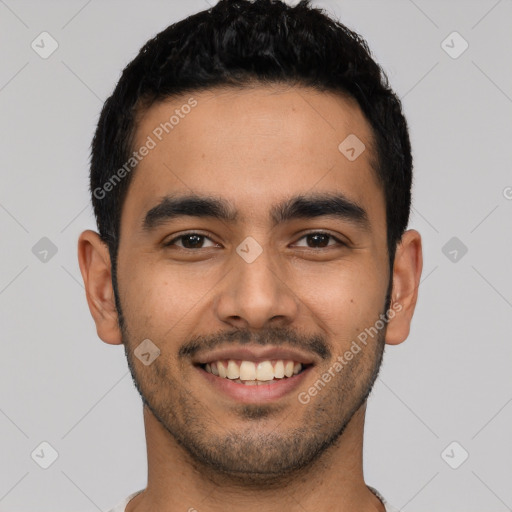 Joyful latino young-adult male with short  black hair and brown eyes