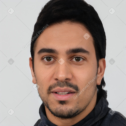 Neutral latino young-adult male with short  black hair and brown eyes