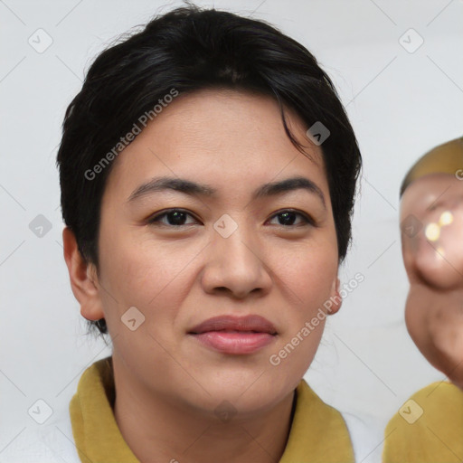 Joyful asian young-adult female with short  brown hair and brown eyes