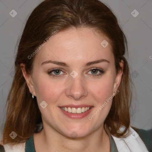 Joyful white young-adult female with medium  brown hair and blue eyes