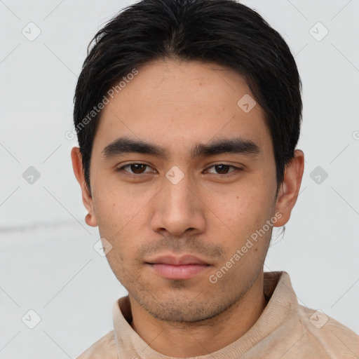 Neutral asian young-adult male with short  brown hair and brown eyes